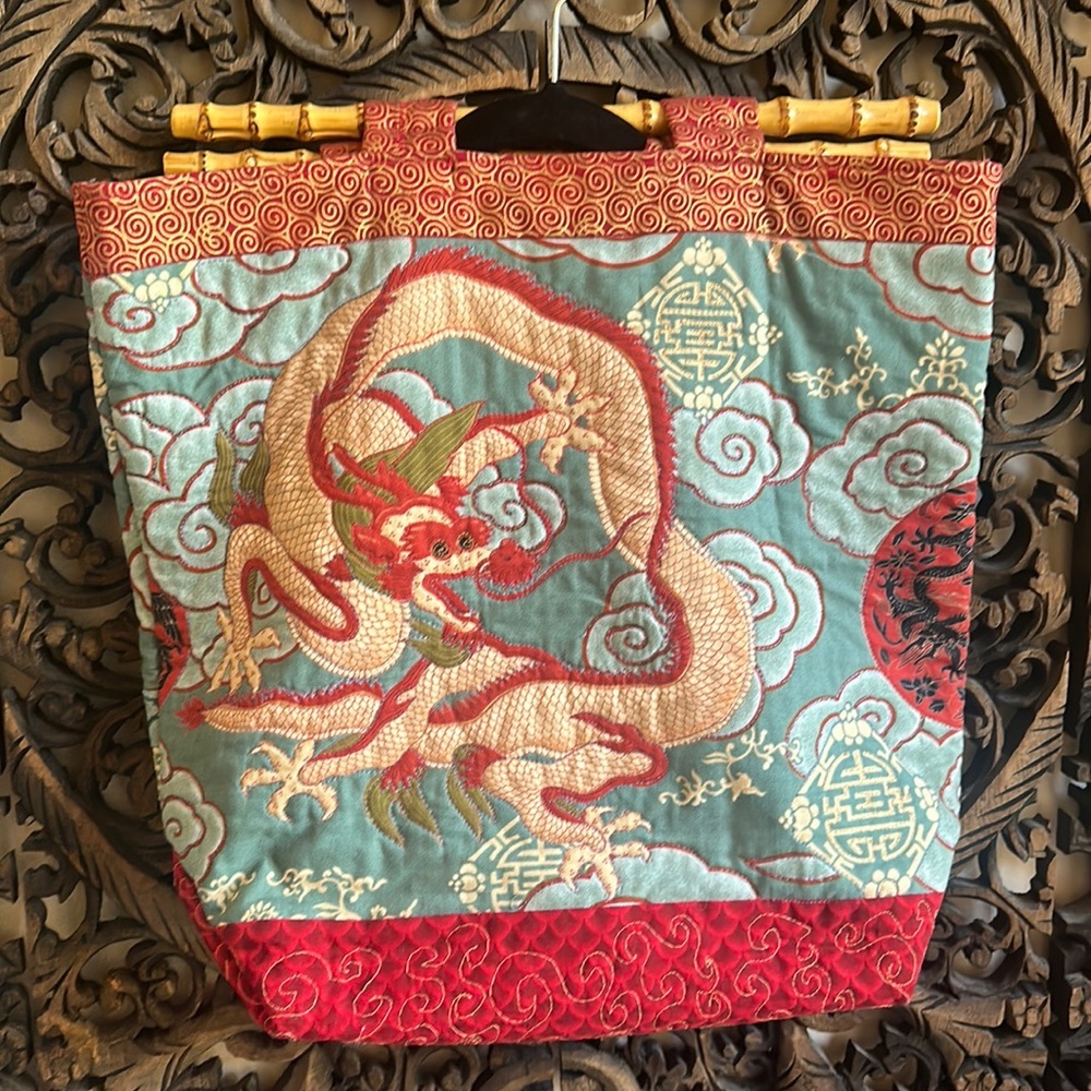 Teal Dragon Embroidered Satin Tote with Red Accents